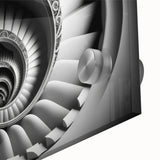 Mid-century modernist large abstract wall art depicting an architectural staircase in muted gray tones on acrylic glass.