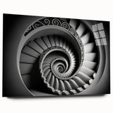 Large abstract wall art depicting a spiral staircase in monochrome, acrylic glass print.