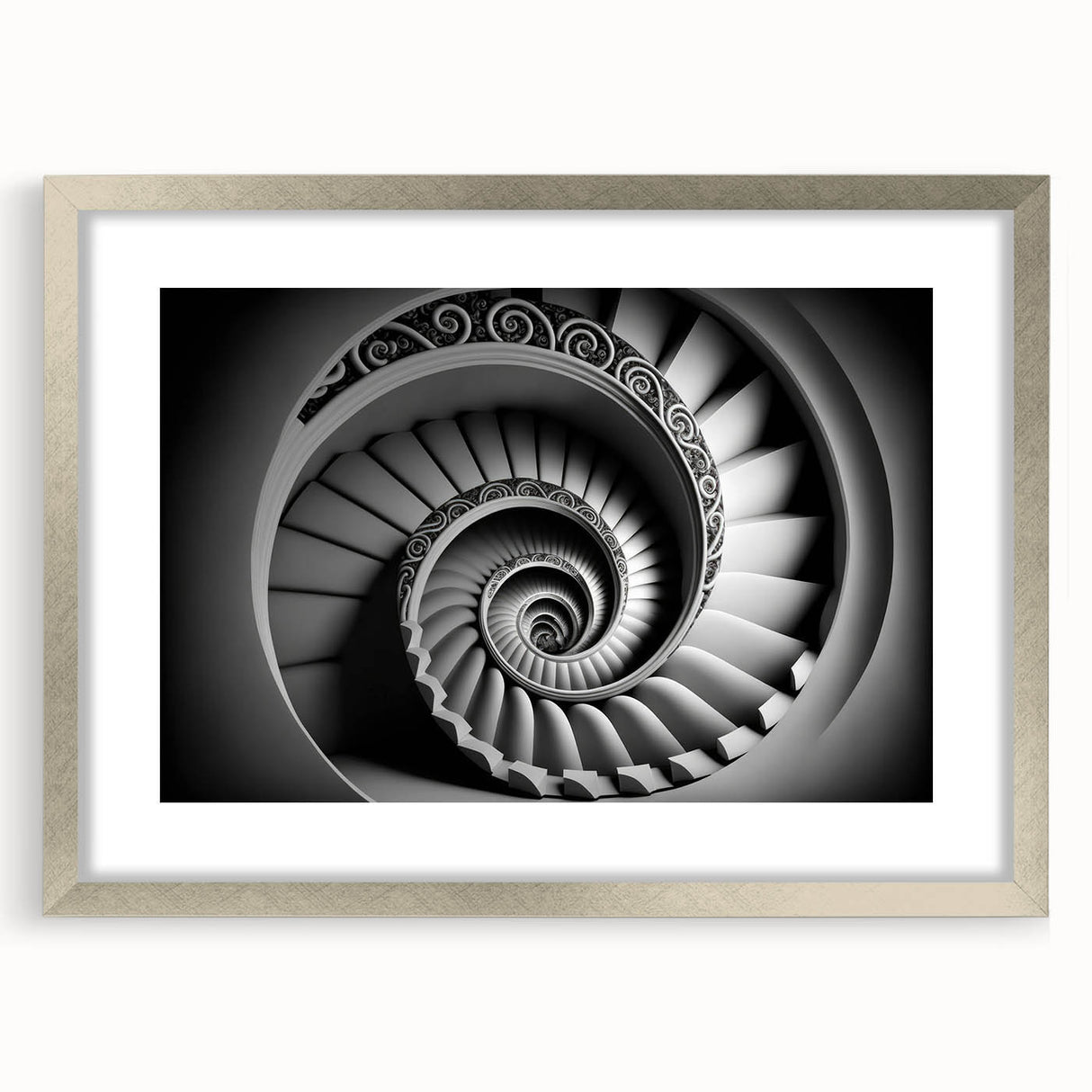 Textured abstract art print of a spiral staircase in muted gray, framed in silver, ideal for modern bedroom decor.