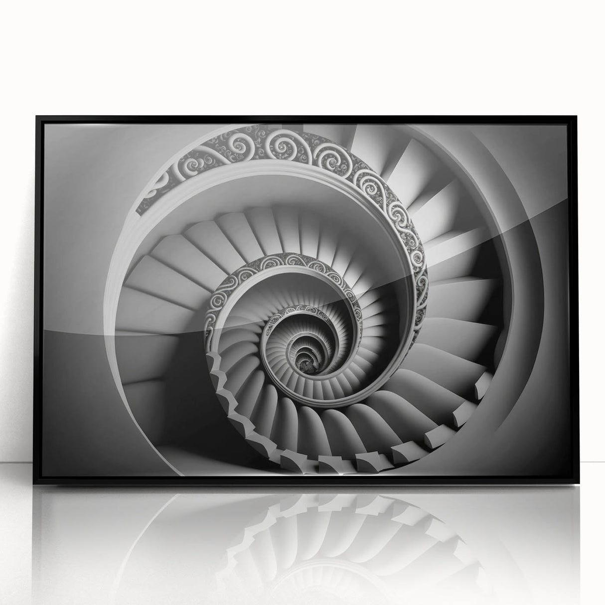 Large abstract wall art featuring a spiral staircase design in black and white, framed acrylic.