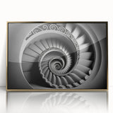 Mid-century modernist acrylic print of a spiral staircase in gold and black tones, ideal for modern art wall decor.