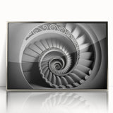 Mid-century modernist spiral staircase in muted gray tones, framed acrylic print, suitable for modern art wall decor.