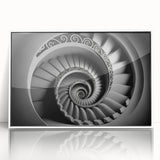 Art deco poster of a spiral staircase in black and white, framed acrylic, ideal for modern nursery wall art.