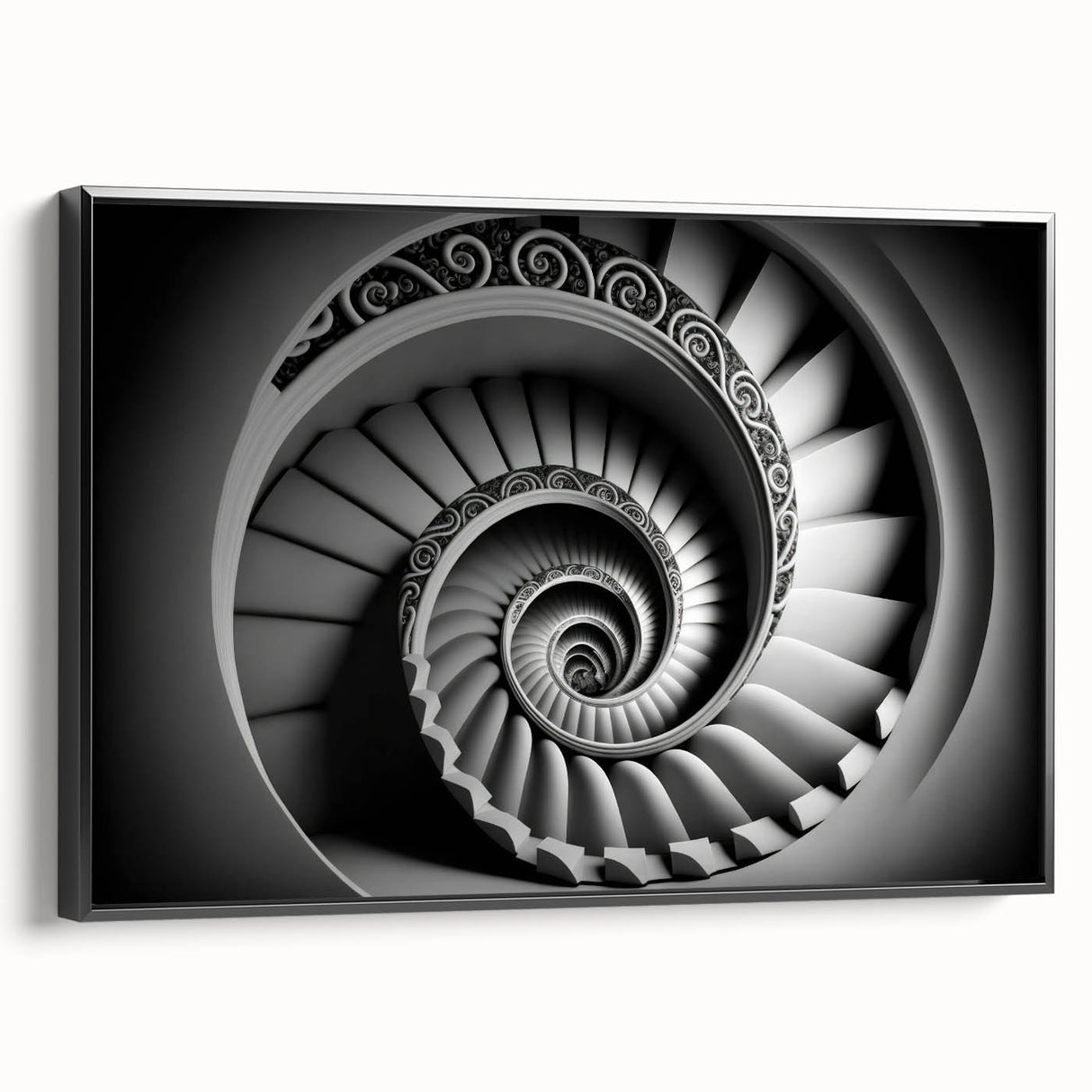 Black and white framed canvas of a spiraling staircase, in a vintage poster style, ideal for bedroom wall art.