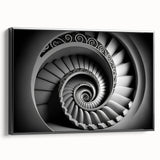 Black and white framed canvas of a spiraling staircase, in a vintage poster style, ideal for bedroom wall art.