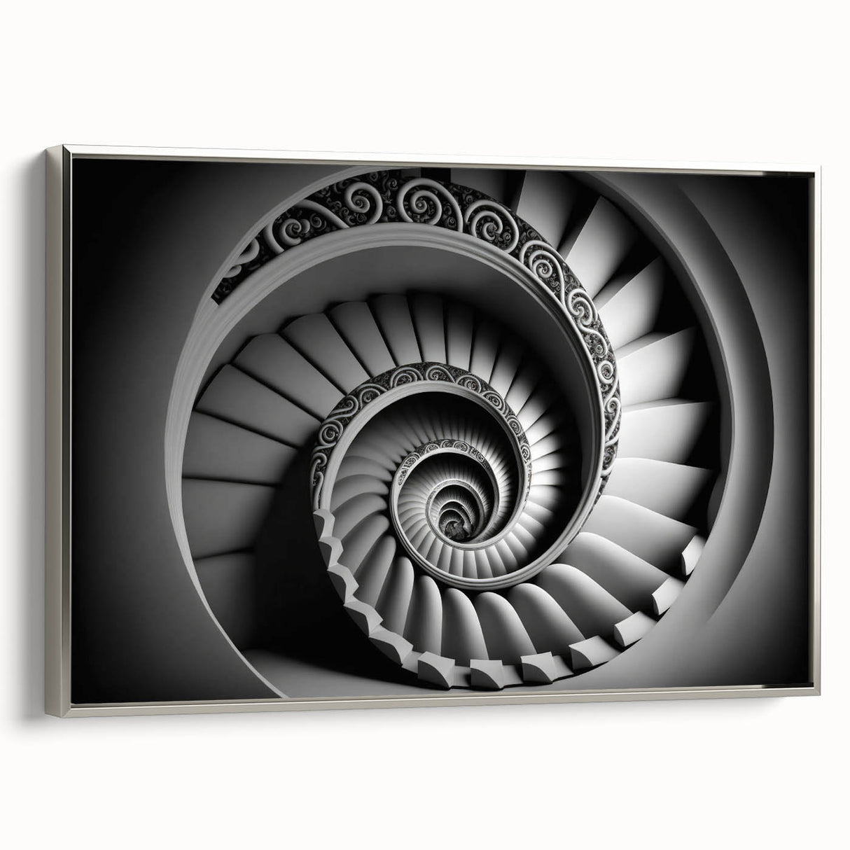 Framed canvas featuring a vintage poster of a black staircase in a colorful, abstract style.