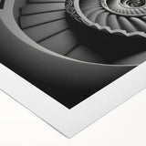 Art Deco poster featuring a spiral staircase in monochrome, printed on rolled canvas, suitable for dining room wall art.