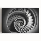 Black and white photo of a spiral staircase on stretched canvas, suitable as large kitchen wall art.