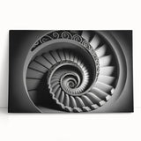 Black and white photograph of a spiral staircase on stretched canvas, suitable as large art for kitchen or bedroom.