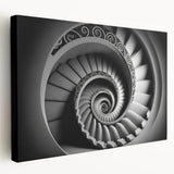Spiral staircase design in monochrome shades on large stretched canvas, suitable for kitchen wall art.