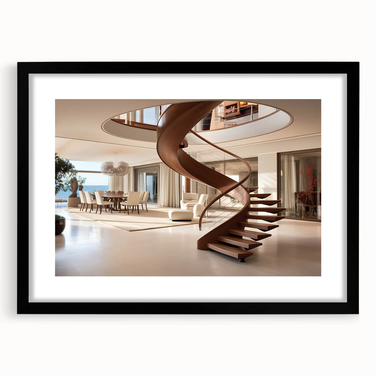 Extra large abstract art print featuring a colorful, textured depiction of a spiral staircase on a black framed canvas.