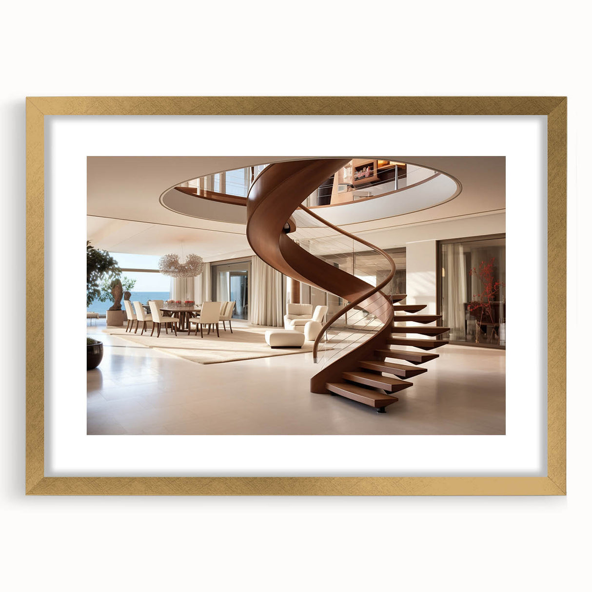 Extra large abstract art print of a textured staircase design in gold tones on a framed canvas, ideal for living room decor.