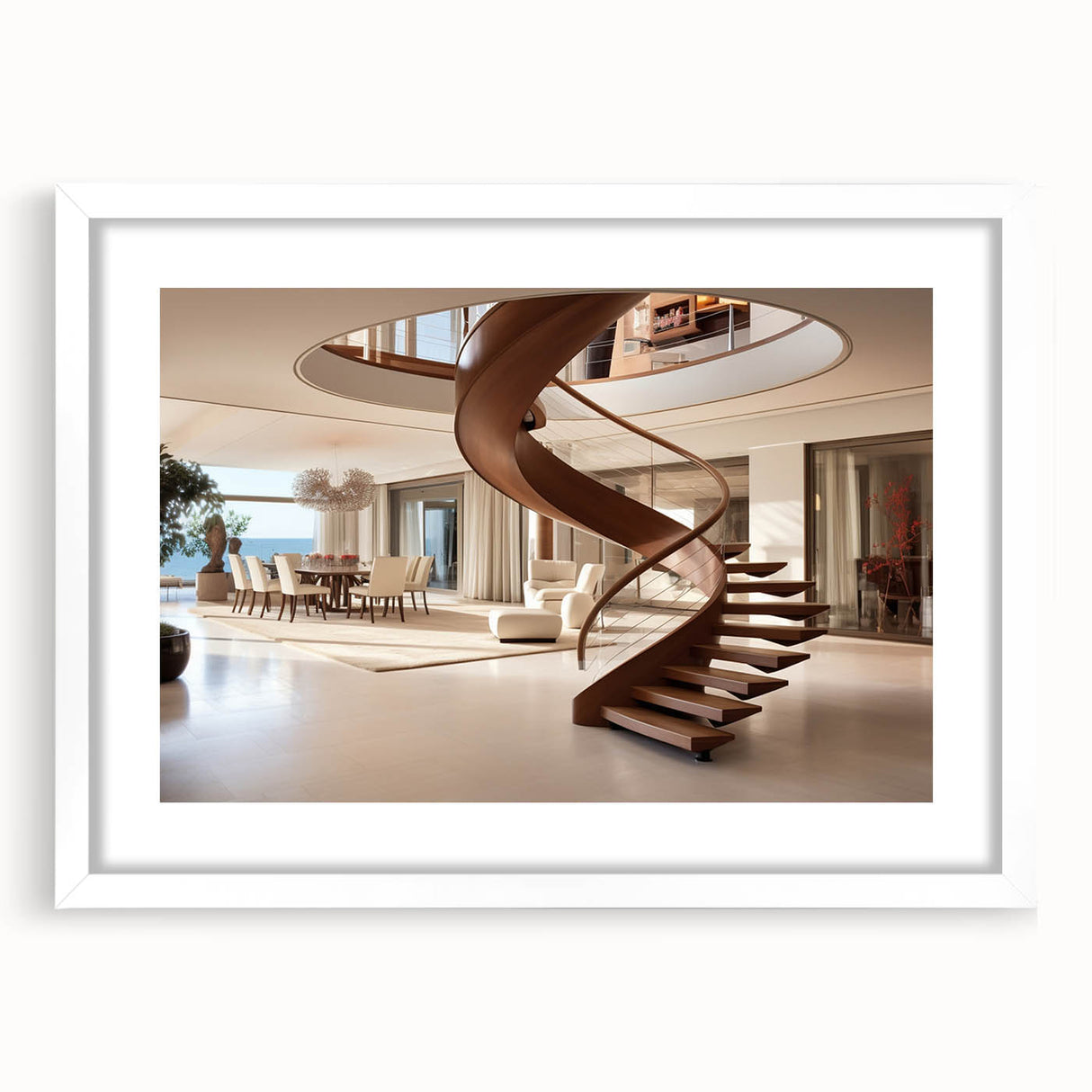 Abstract art print of a spiral staircase in monochrome shades, framed with a white mat.