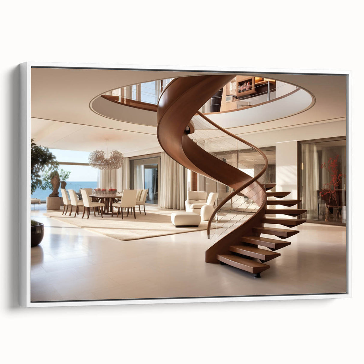 Vintage poster art of a spiral staircase in black and white, framed canvas, ideal for living room decor.