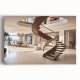 Monochrome photograph of a spiral staircase on stretched canvas, suitable for kitchen wall art.