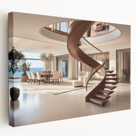 Spiral staircase in monochrome, printed on a large stretched canvas, suitable for kitchen wall art.
