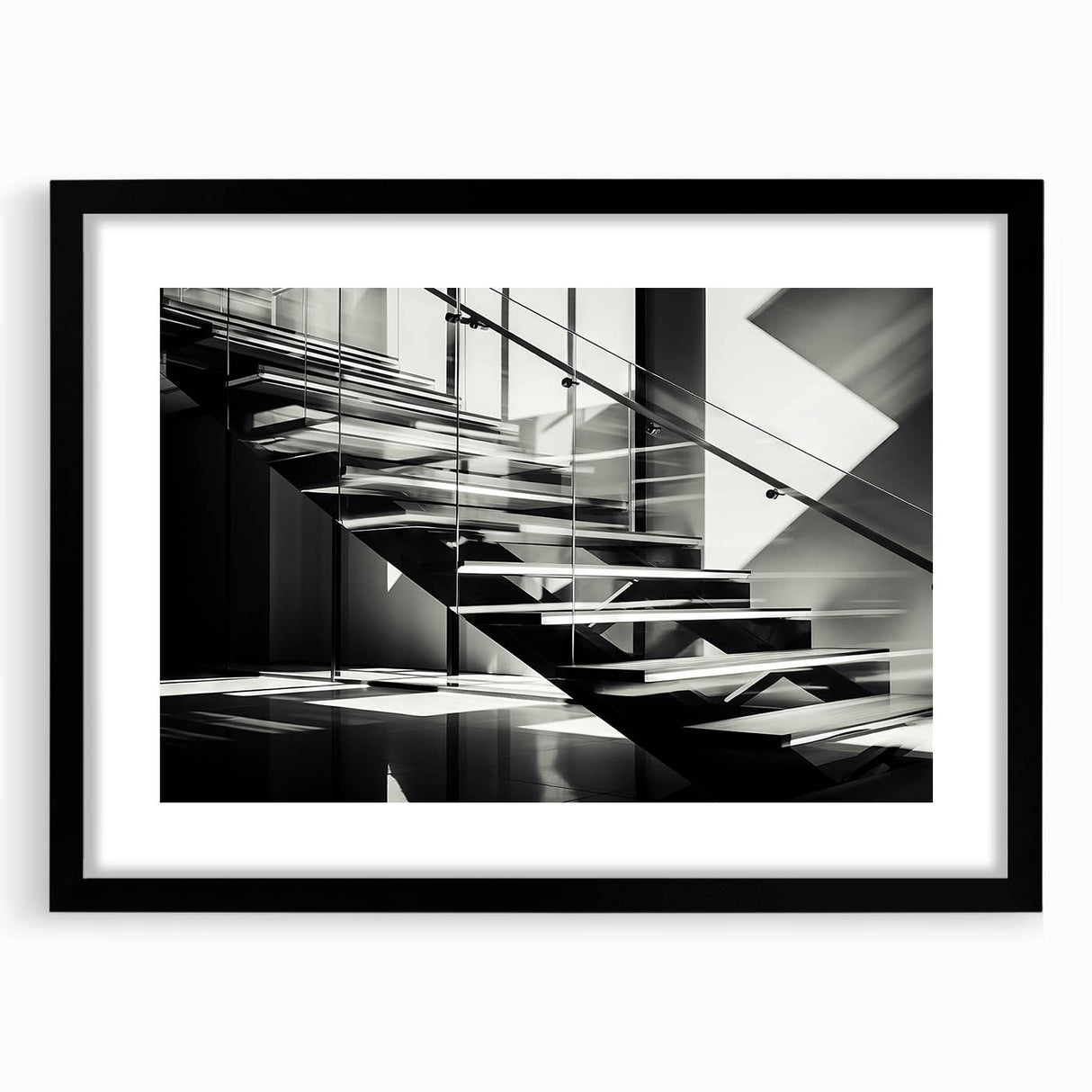 Extra large abstract art print featuring a colorful, textured depiction of a spiral staircase on a black framed canvas.