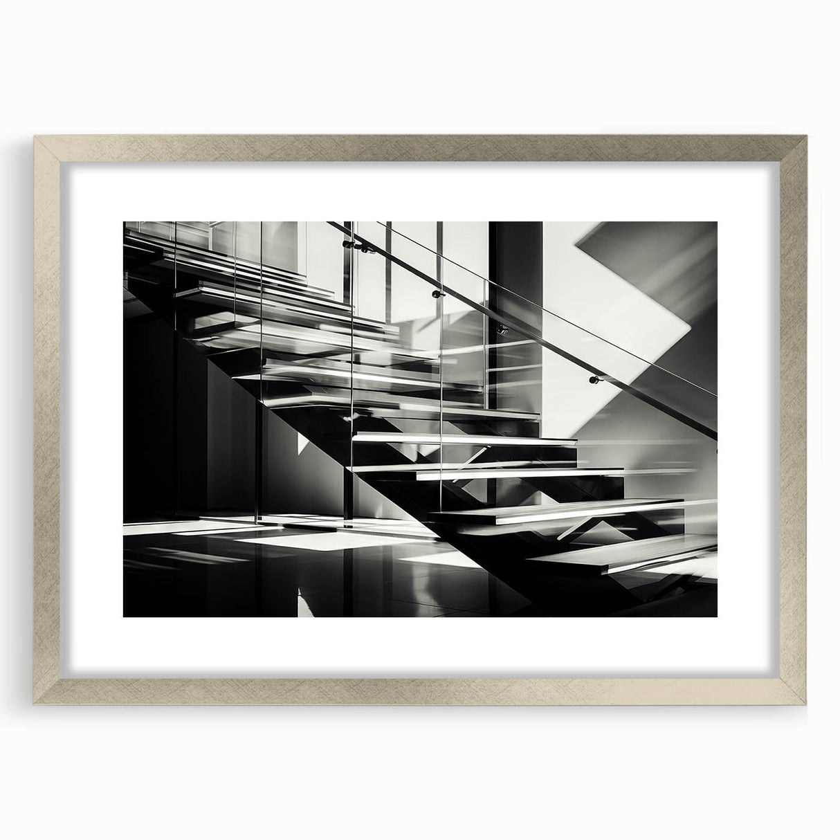 Textured art of an abstract spiral staircase in muted gray tones, framed in silver, ideal for modern bedroom decor.