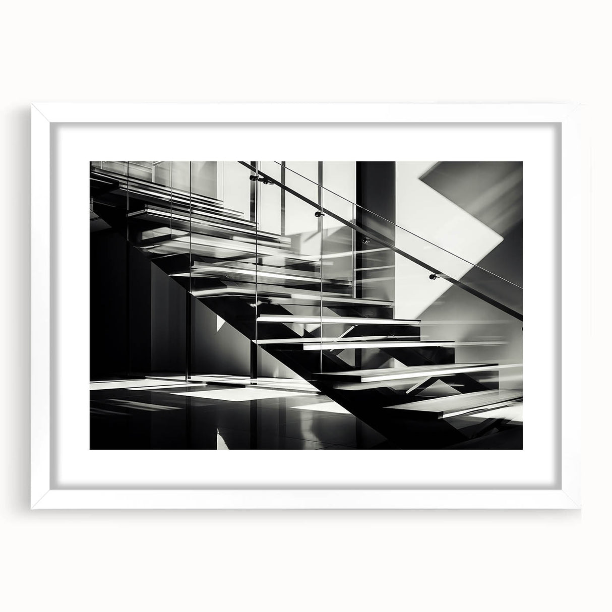 Abstract art print of a spiral staircase in monochrome, framed with a white mat, suitable for dining room decor.