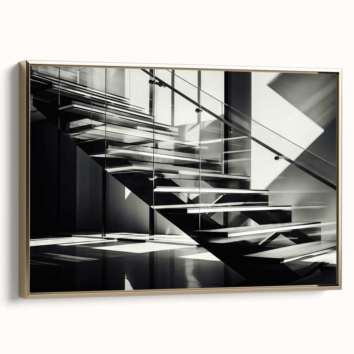 Spiral staircase in black and gold tones on a framed canvas, suitable for bedroom decor.