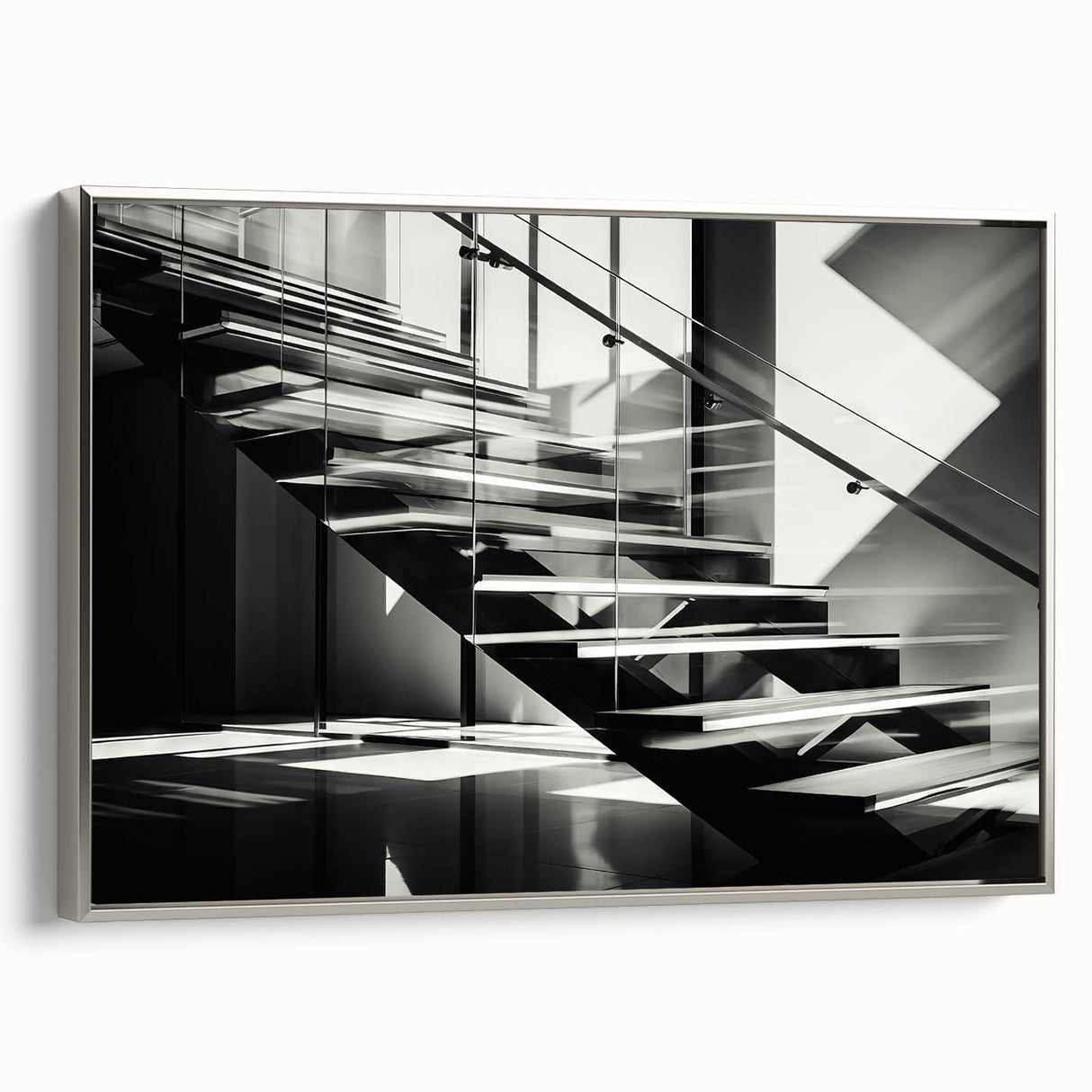 Framed canvas featuring a silver side view of a vintage staircase in black and gray tones.