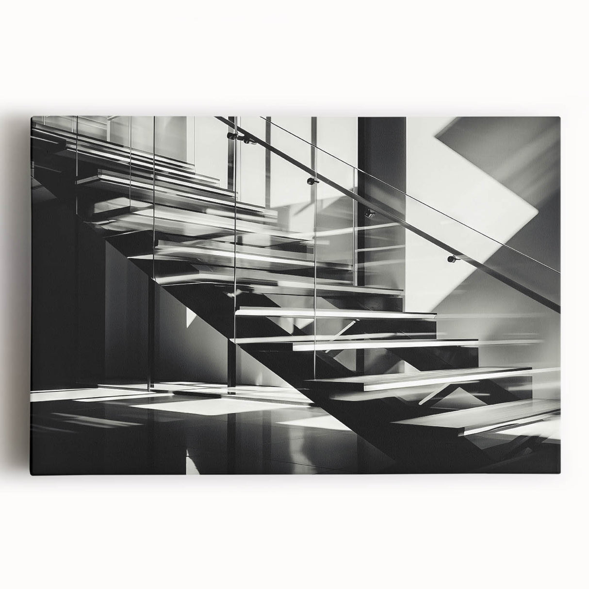Black and white photograph of a spiral staircase on stretched canvas, suitable for kitchen wall art.