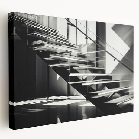 Side view of a monochrome architectural staircase design on stretched canvas, suitable for kitchen wall art.