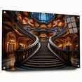 Acrylic print of a large abstract staircase design in monochrome shades, suitable for bedroom or dining room decor.