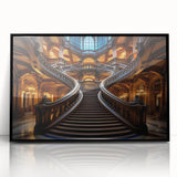 Large abstract wall art featuring a spiral staircase design in black and white, framed in acrylic.