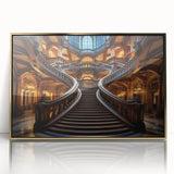 Mid-century modernist staircase design in gold and beige tones on framed acrylic, suitable for modern art wall decor.