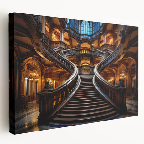 Side view of a spiral staircase in muted monochrome, printed on large stretched canvas, suitable for kitchen wall art.