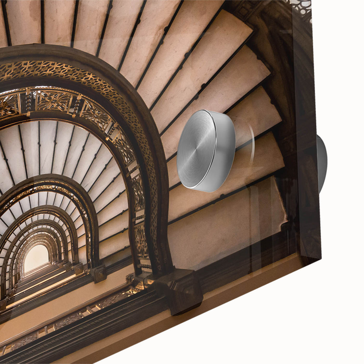 Mid-century modernist large abstract wall art of a spiral staircase in monochrome, acrylic print, ideal for dining room art.