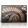 Large abstract wall art of a spiral staircase in black and white tones, acrylic print, ideal for modern decor.