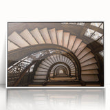 Acrylic print of a mid-century modernist staircase in black and white, ideal for modern art wall decor.