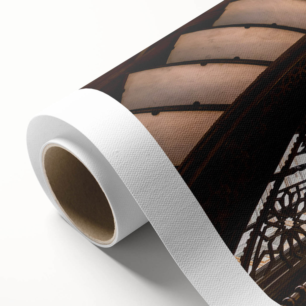 Rolled canvas featuring a minimalist staircase design in neutral tones, suitable for dining room or bathroom decor.