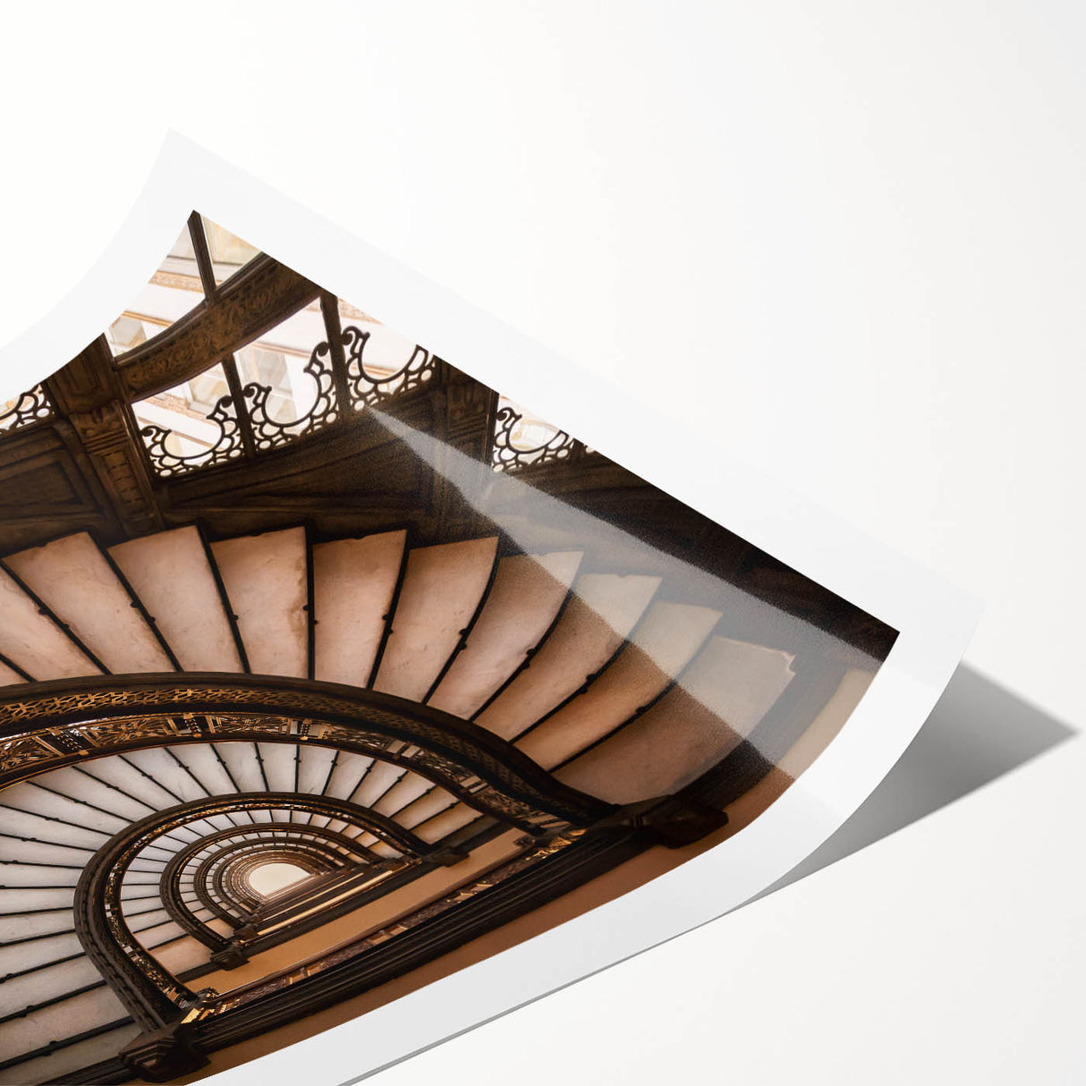 Art deco poster featuring a spiral staircase in monochrome tones, printed on rolled canvas, suitable for dining room decor.