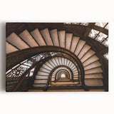 Black and white photograph of a spiral staircase on stretched canvas, suitable as large kitchen wall art.
