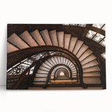 Black and white photo of a spiral staircase on stretched canvas, suitable as large art for kitchen or bedroom.