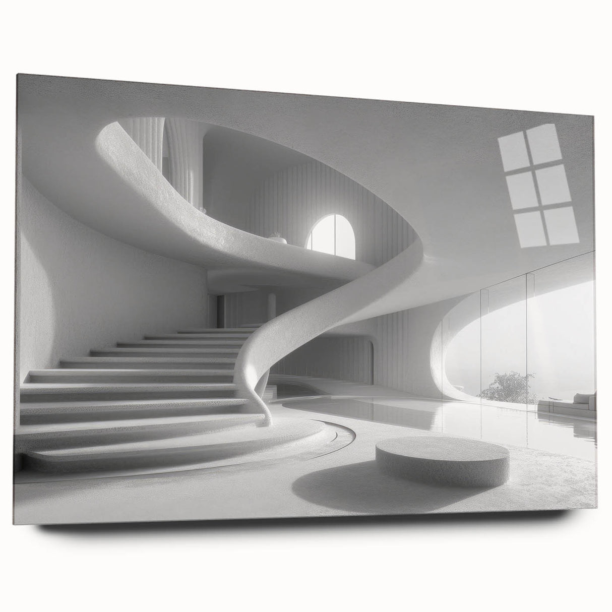Large abstract wall art on acrylic glass showing a spiral staircase in monochrome.