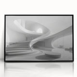Large abstract wall art featuring a spiral staircase in black and white, framed in acrylic.