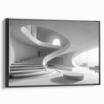 Black and white framed canvas featuring a spiral staircase design in a vintage poster art style.