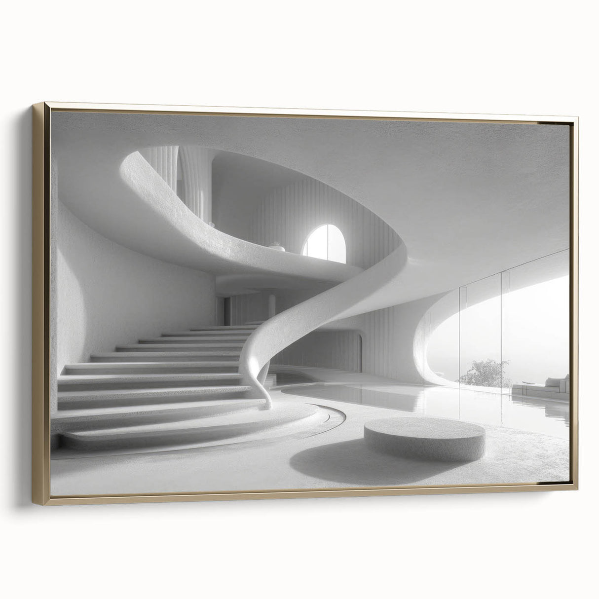 Framed canvas of a vintage-style black staircase in a muted gold and black color palette, suitable for bedroom decor.