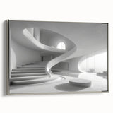 Framed canvas featuring a monochrome vintage poster art of a spiral staircase, ideal for modern living room decor.