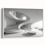 Vintage poster art of a spiral staircase in black and white, framed canvas, ideal for living room decor.