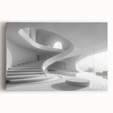 Large black and white photo of a spiral staircase on stretched canvas, suitable for kitchen wall art.
