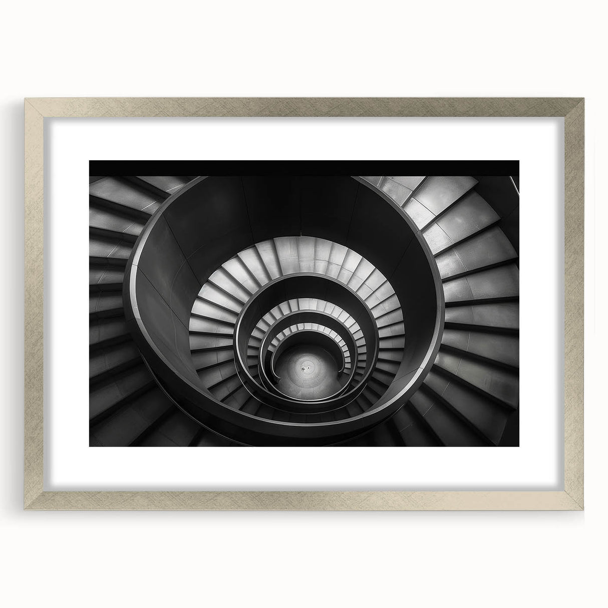 Textured art print of an abstract staircase in grayscale, framed in silver, ideal for modern bedroom decor.