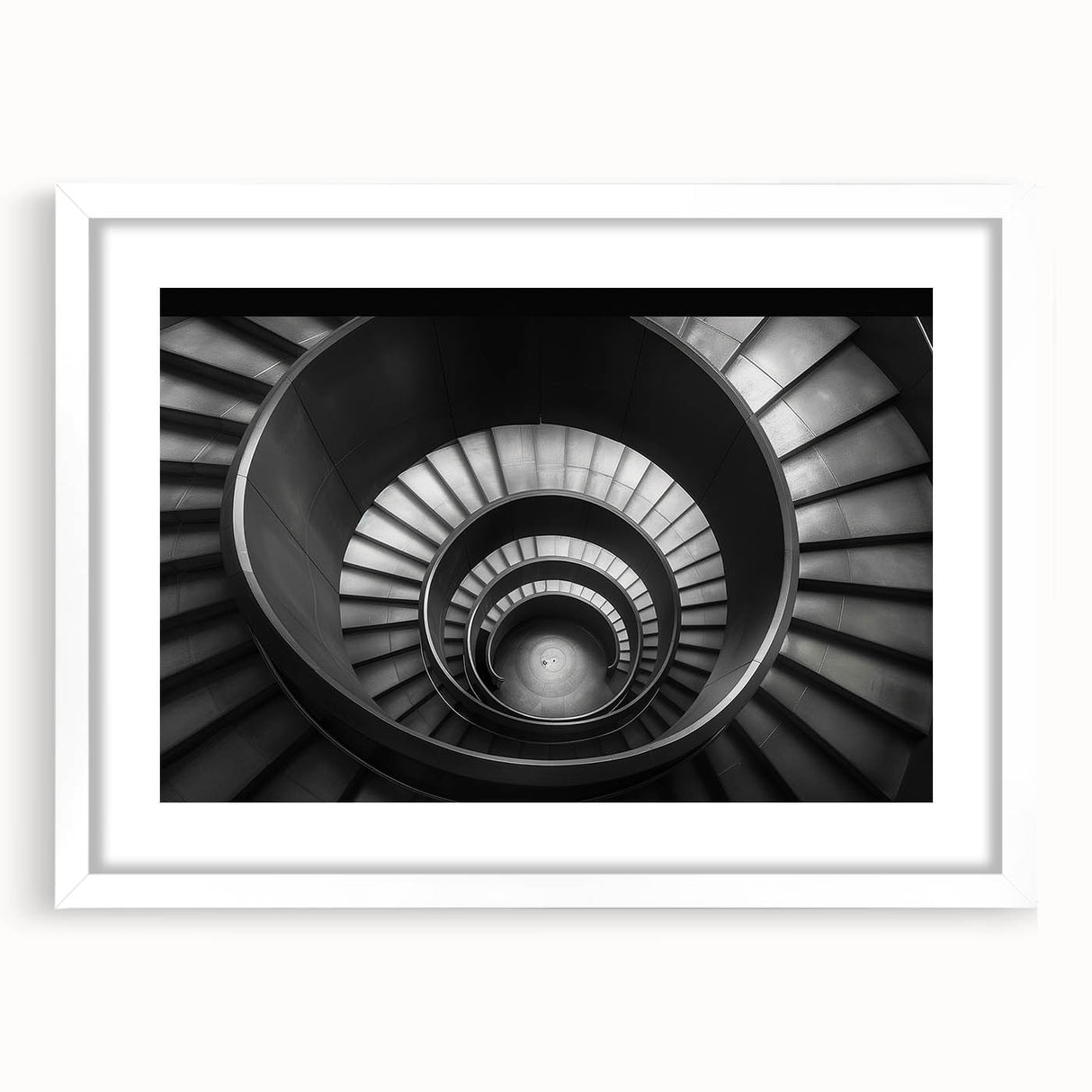 Abstract art print of a spiral staircase in monochrome, framed in white, ideal for modern dining room decor.