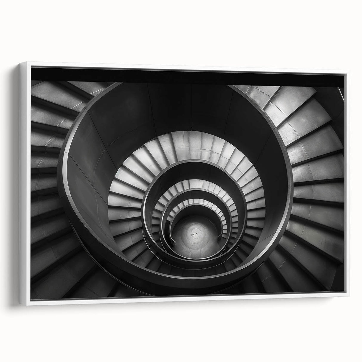 Vintage poster art of a spiral staircase in muted black and white tones on a framed canvas, ideal for living room decor.