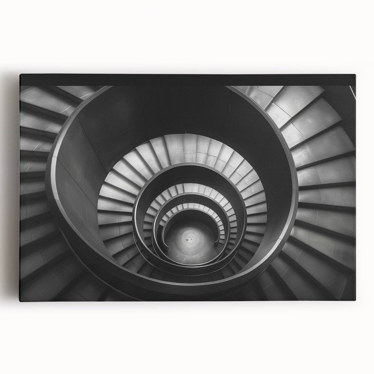 Spiral staircase design in black and white on a large stretched canvas, suitable for kitchen wall art.