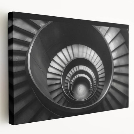 Spiral staircase design in monochrome, printed on large stretched canvas, suitable for kitchen wall art.